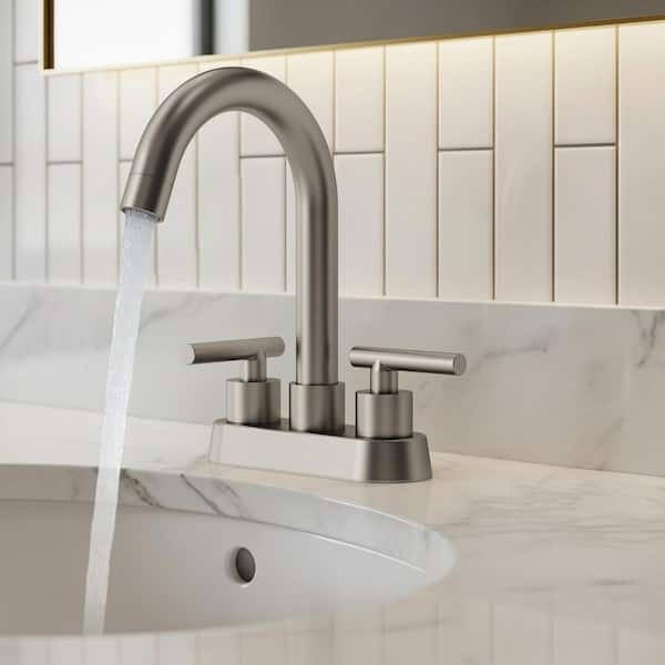 2 or 3 Hole 4 in. Centerset High-Arc Double-Handle Bathroom Sink Faucet in Brushed Nickel with Drain