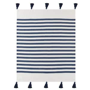 Bay Navy Blue/White Hand-Woven Striped Coastal Organic Cotton Throw Blanket