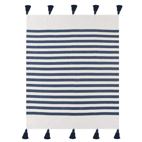 LR Home Bay Navy Blue/White Hand-Woven Striped Coastal Organic Cotton Throw Blanket