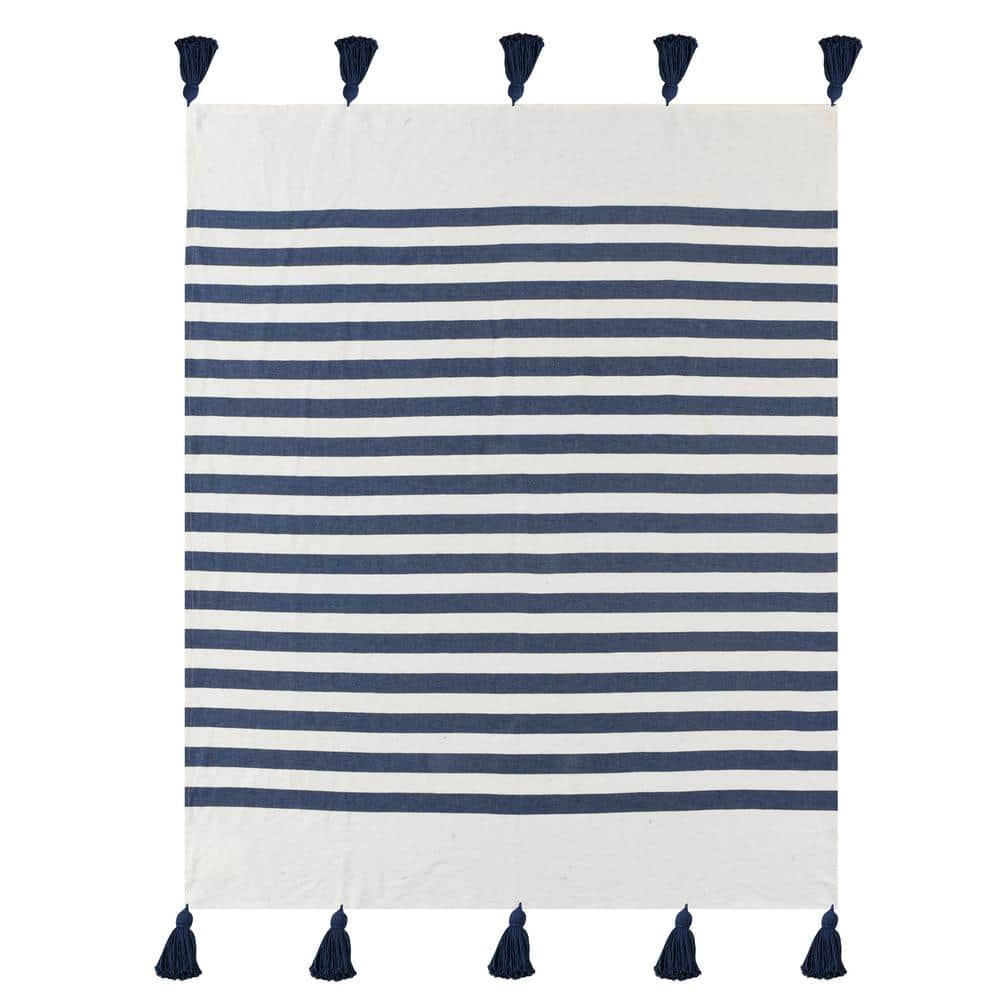 Bay Navy Blue/White Hand-Woven Striped Coastal All Natural  Cotton Throw Bl
