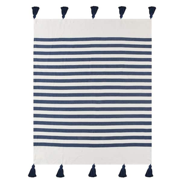 Unbranded Bay Navy Blue/White Hand-Woven Striped Coastal All Natural  Cotton Throw Blanket