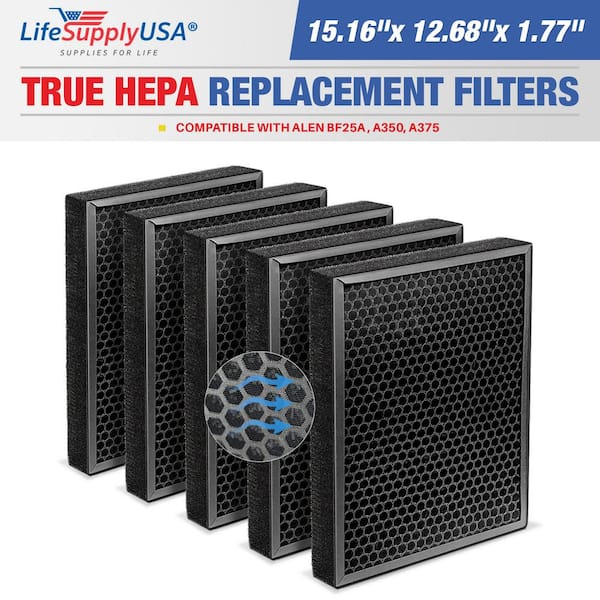 LifeSupplyUSA 13 in. x 16.5 in. x 2.25 in. Replacement HEPA Filter Fits Alen HEPA-Fresh A350, A375 Air Purifier (5-Set)