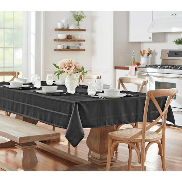 60 in. W x 84 in. L Oblong Black Elegance Plaid Damask Fabric Tablecloth