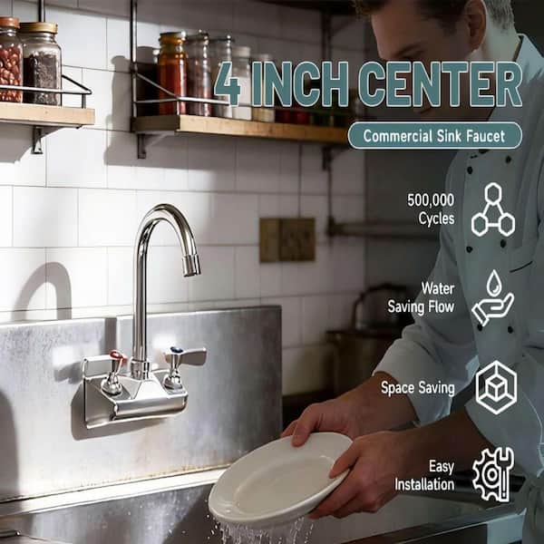 Double Handle Wall Mount Kitchen Faucet Standard Kitchen Faucet With Swivel Spout 4" Center in Polished Chrome