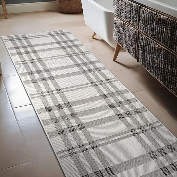 Coastal Gray/Beige 2 ft. x 7 ft. Plaid Washable Easy Jute Modern Indoor Outdoor Area Rug