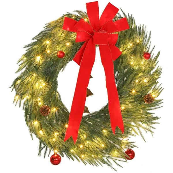 36 in. Green Prelit Artificial Christmas Wreath with LED Lights 8 Modes and Ornaments for Front Door Living Room Bedroom