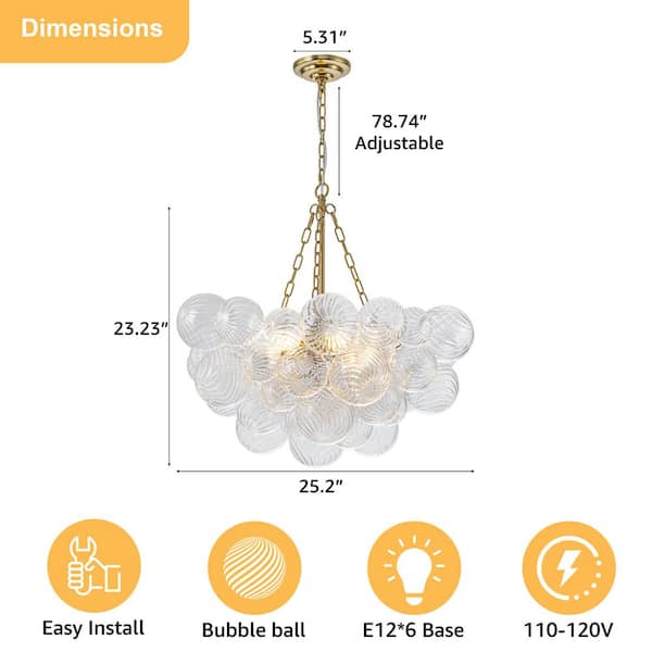TinHon 6-Light Modern Gold Bubble Glass Chandelier, 25 in. Luxury