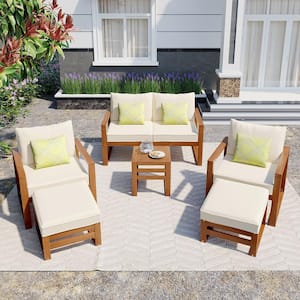 6-Piece Solid Wood Patio Conversation Set with Beige Cushions, Ottomans and Pillows