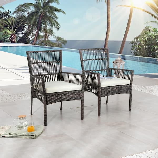TOP HOME SPACE Wicker Outdoor Dining Chair with White Cushion 2-Pack