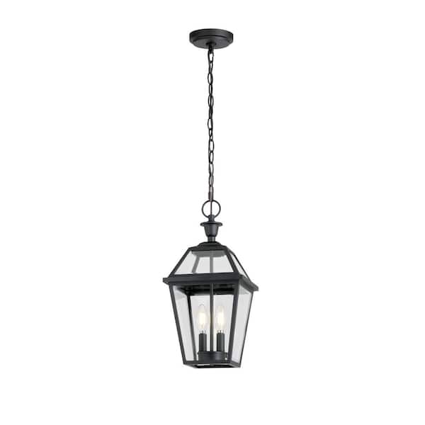 Home Decorators Collection Glenneyre 18.1 in. 2-Light Matte Black French Quarter Gas Style Outdoor Hanging Light Pendant Light with Clear Glass