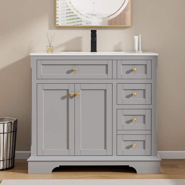 eclife 36 in. W x 18.7 in. D x 34 in. H 1-Sink Freestanding Bath Vanity in Gray With White Ceramic Top and Drain Faucet Set