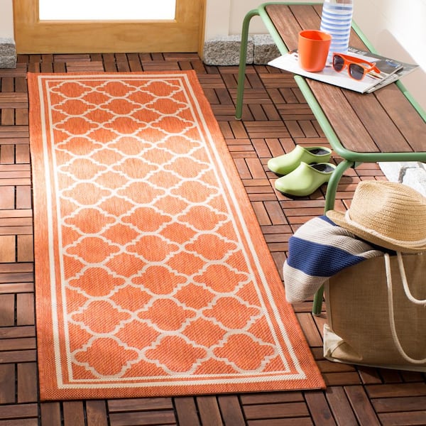 Courtyard Terracotta/Bone 2 ft. x 7 ft. Geometric Indoor/Outdoor Patio  Runner Rug