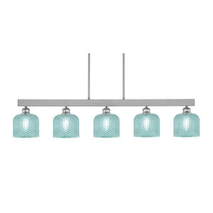 Albany 60-Watt 5-Light Brushed Nickel Linear Pendant Light with Turquoise Glass Shades and No Bulbs Included