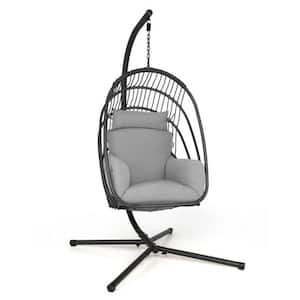 78 in. Free Standing Hanging Folding Egg Chair with Stand Soft Cushion Pillow Swing Hammock in Gray