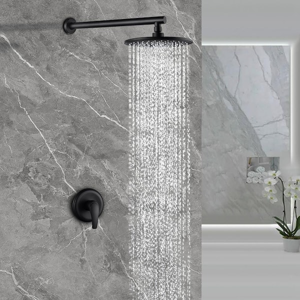 1-Spray Patterns 9 in. Wall Mount Rain Fixed Shower Head Built-in Shower System with Single Handle in Black