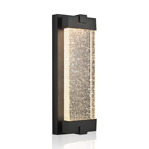 19.3 in. Black Aluminum Finish Outdoor Hardwired Wall Cylinder Scone with Bubble Crystal Glass, Up and Down Lighting