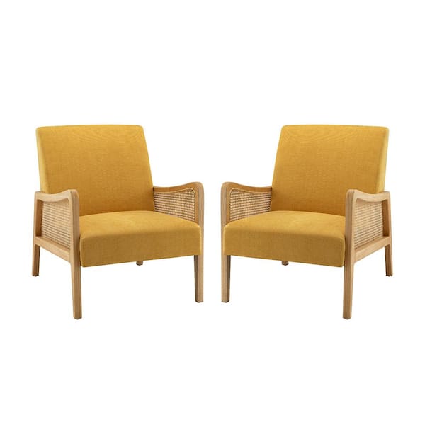 JAYDEN CREATION Finebaik Solid Wood Legs Livingroom ArmChair with Rattan Arm (Set of 2)-Yellow