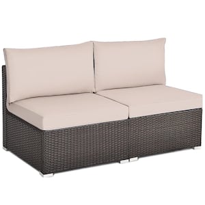 Brown 2-Piece Wicker Outdoor Sectional Rattan Armless Sofa with Beige Cushions