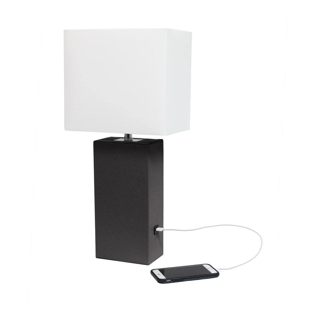 Modern Brown Leather Table Lamp with USB and White Fabric Shade