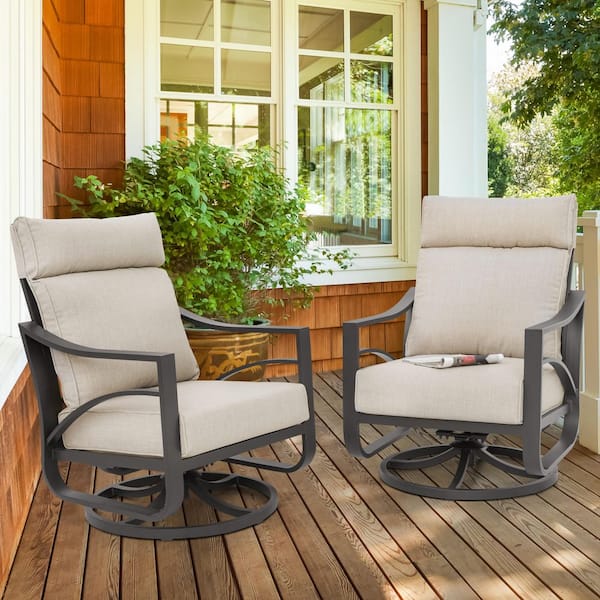 Patio Time Black Aluminum Outdoor Swivel Rocking Sofa Chairs with Zippered Beige Cushions (2-Pack)