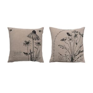 Cream and Black Floral Patches and Prints Polyester 18 in. x 18 in. Throw Pillow (Set of 2)
