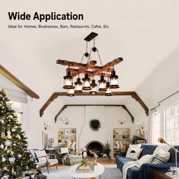 OUKANING 39 in. 8-Light Vintage Industrial Brown Wooden Farmhouse