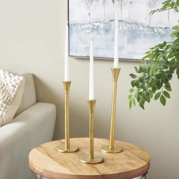 Gold Aluminum Metal Tapered Slim Minimalistic Candle Holder with Round Base (Set of 3)