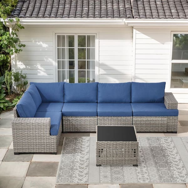 ModNest Taupe 6-Piece Wicker Patio Conversation Set, Modular Sectional Sofa with Navy Blue Cushions and Coffee Table
