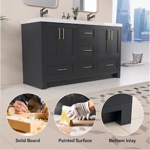 60 in. W x 22 in. D x 36 in. H Bathroom Vanity Double Sink Bath Vanity Cabinet in Dark Gray with White Solid Resin Top