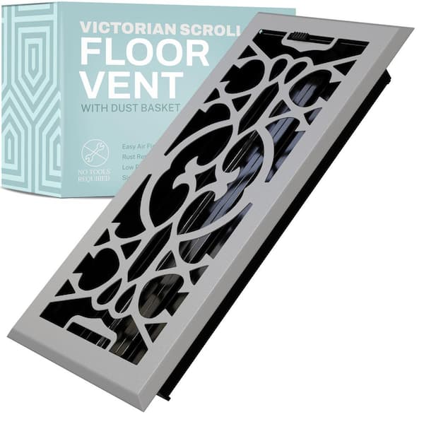 HOME INTUITION Victorian Scroll 2 x 10 in. Decorative Floor Register Vent with Mesh Cover Trap, Light Grey