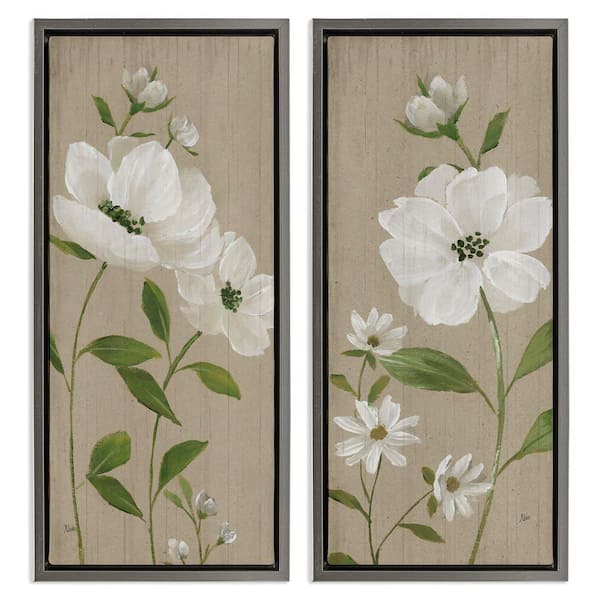 Cottage Blossoms on Beige by Nan 2-Pieces Gray Floater Frame Nature Graphic Art Print 31 in. x 15 in.