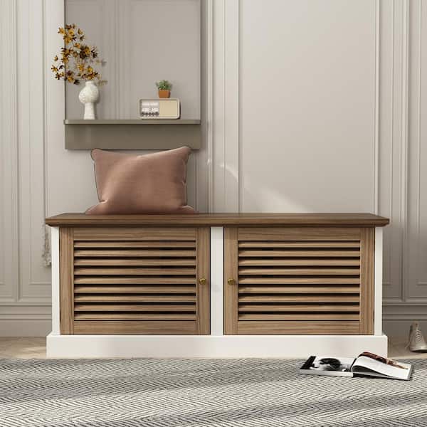 FUFU&GAGA 15.7 in. D x 43.3 in. W, Brown Wood Shoe Storage Bench Louvered Door Style with bench and Storage Shelves (for 12-Pairs)