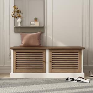 15.7 in. D x 43.3 in. W, Brown Wood Shoe Storage Bench Louvered Door Style with bench and Storage Shelves (for 12-Pairs)