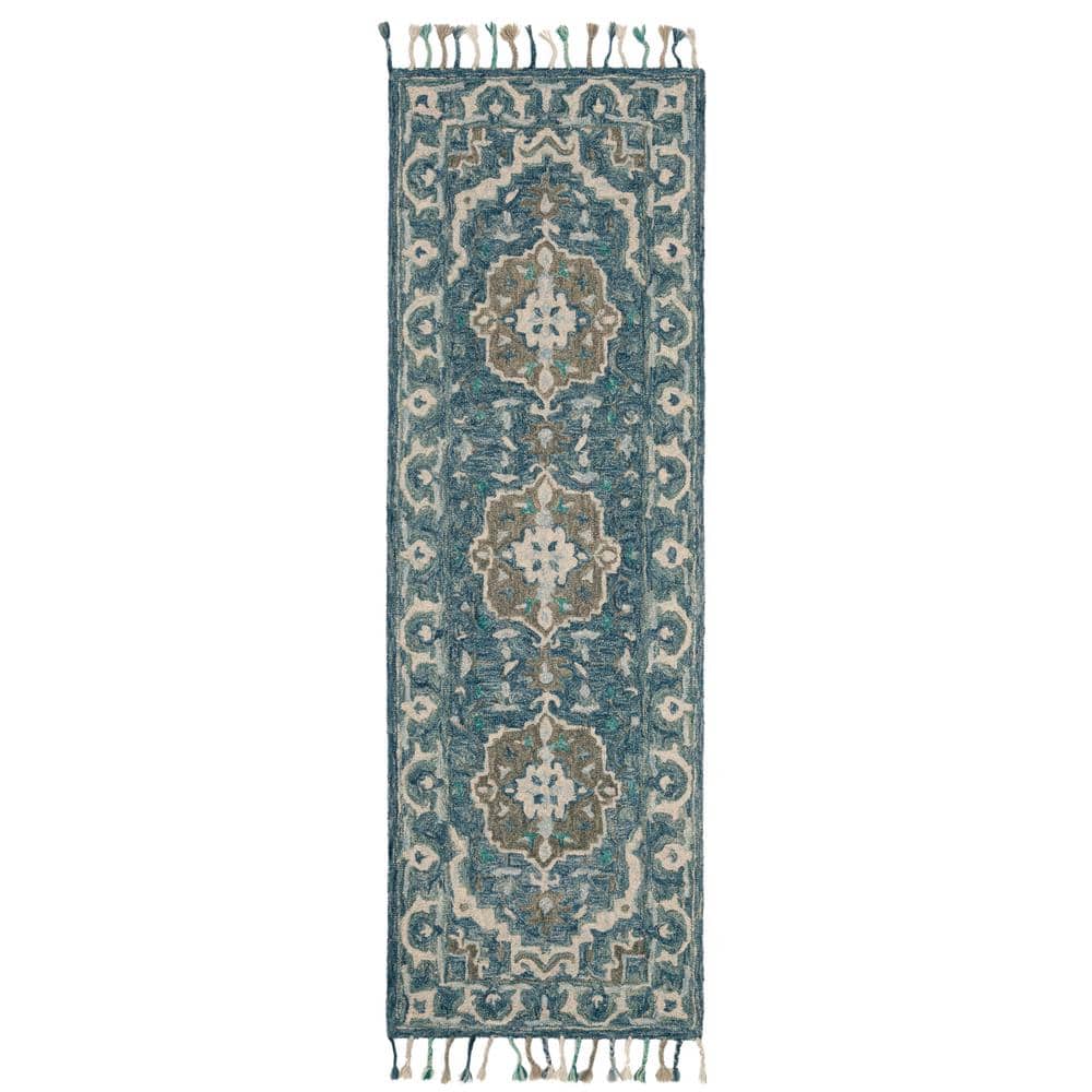 Hand-Tufted Rustic-Chic Blue Floral Wool Runner Rug - 27in x 6in