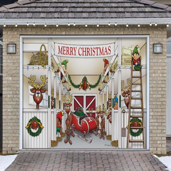 My Door Decor 7 ft. x 8 ft. Santa's Reindeer Barn Without Santa Holiday Garage Door Decor Mural for Single Car Garage