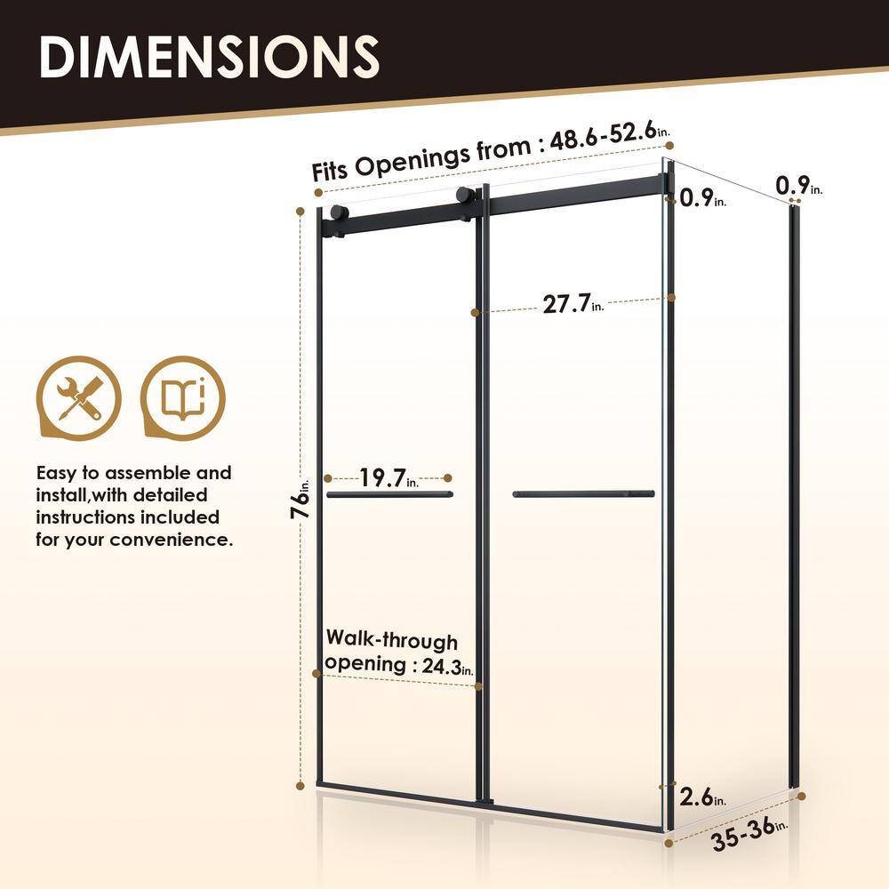 Belizzi 52" W x 76" H Frameless Matte Black Shower Enclosure with Clear Glass