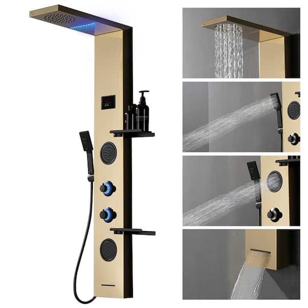 HOMEMYSTIQUE 2-Jet Shower Tower with Rainfall Shower Head, Shelves, Tub Spout and LED Light in Black Gold
