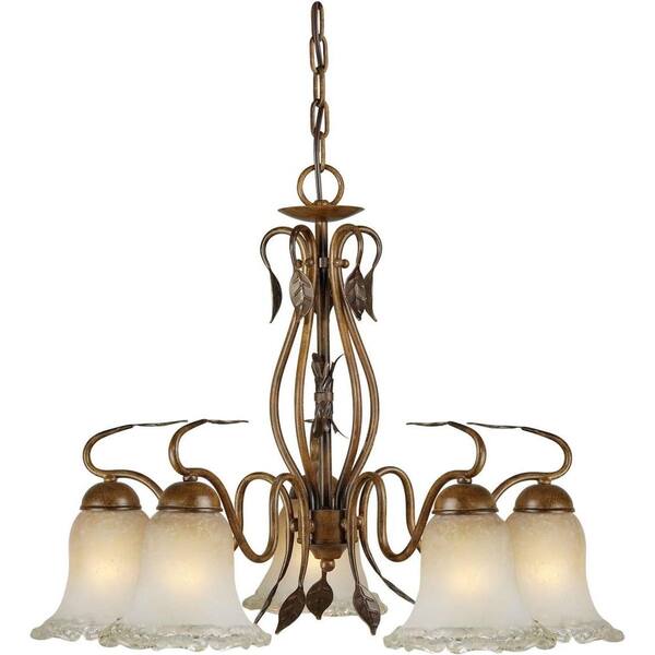 Forte Lighting 5-Light Rustic Sienna Bronze Chandelier with Umber Ice Glass Shade
