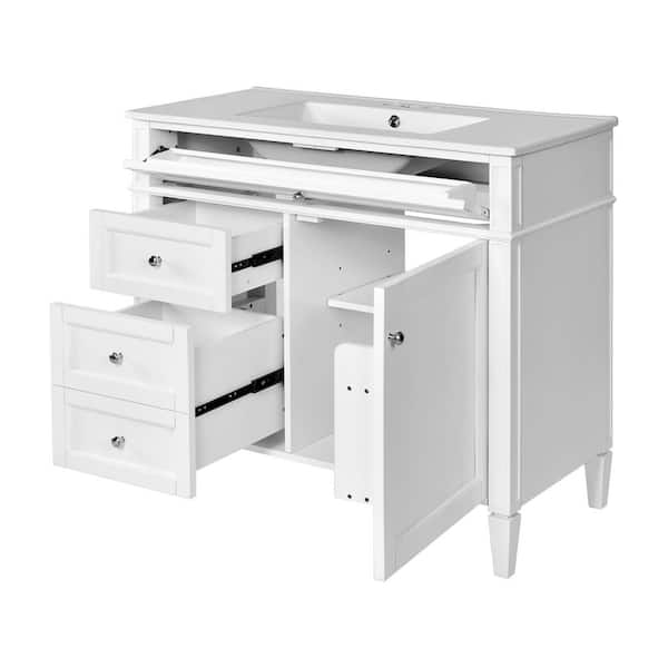 36 in. W Single Sink White Bath Vanity with White Ceramic Sink Top, Tip-out Drawer Bathroom Storage Cabinet Unassemble
