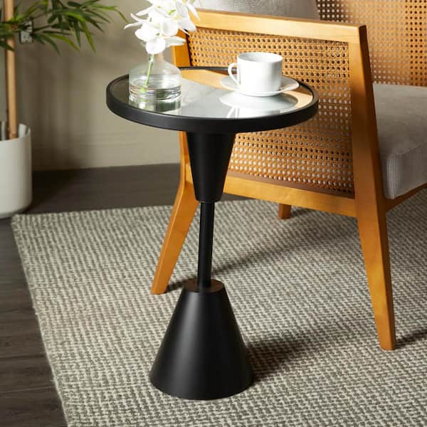 Litton Lane 16 in. Black Pedestal Base Large Round Glass End Accent Table with Mirrored Glass Top