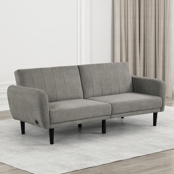 Furniture of America Alkent 81 in. Gray Solid Fabric Full Size Sofa Bed with Soft Flared Arms