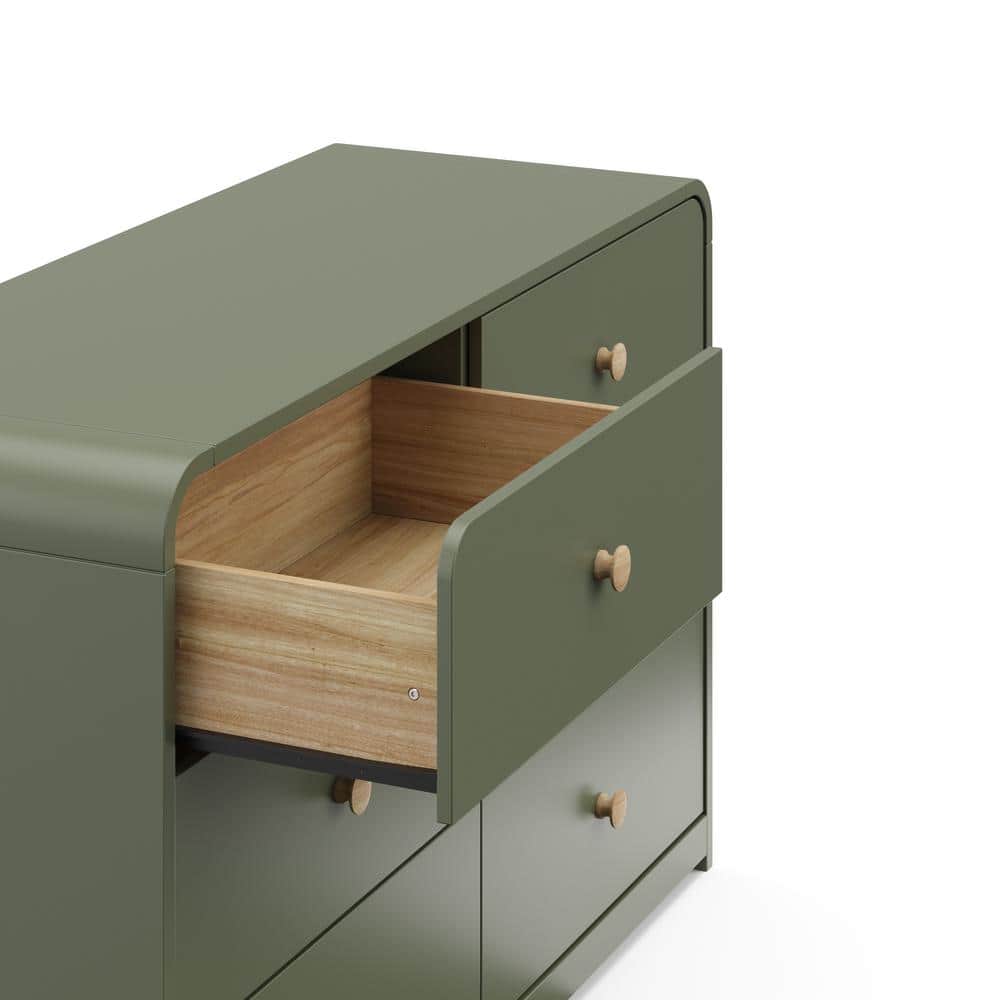 Olive Green 6-Drawer Nursery Dresser with Natural Rubberwood Knobs