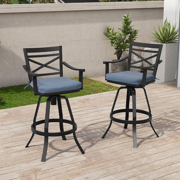 Swivel Cast Aluminum Outdoor Bar Stool with Sunbrella Blue Cushion (2-Pack)
