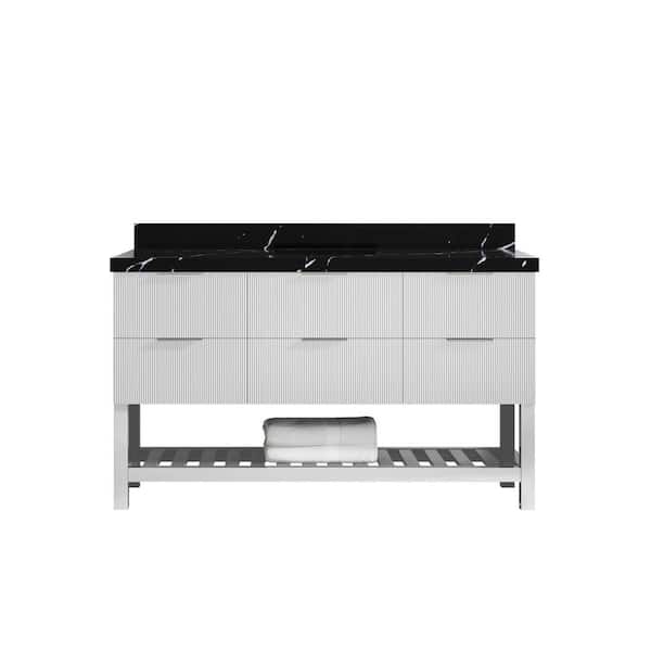 Willow Collections Catalina 60 in. W x 22 in. D x 36 in. H Single Sink Bath Vanity in White with 2 in. Calacatta Black Quartz Top