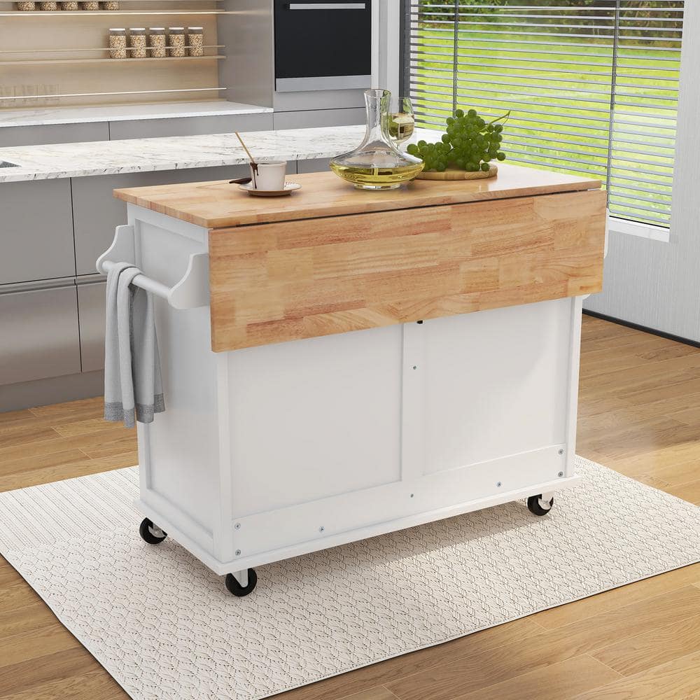 Cesicia White Solid Wood Top 52.2 in. W Kitchen Island on 4-Wheels
