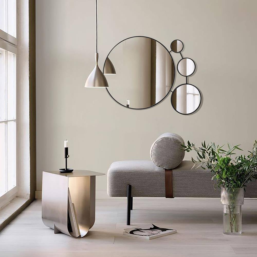 LuxenHome Black Metal Frame Round Wall Mirror with Small Mirrors