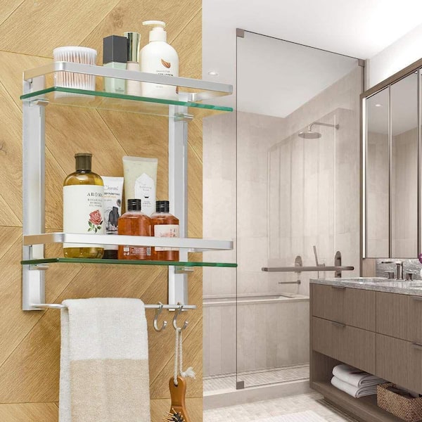 Dracelo 12.2 in. W x 4.8 in. D x 16.14 in. H Silver 2 Tier Tempered Glass Shower Shelves with Towel Bar Wall Mounted