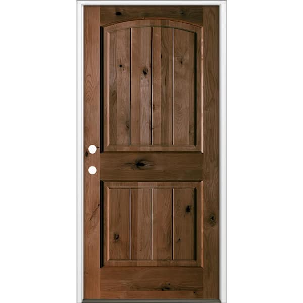 36 in. x 80 in. Rustic Knotty Alder Top Arch V-Groove Right-Hand/Inswing BEHR Espresso Stain Wood Prehung Front Door