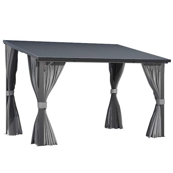 12 ft. x 8 ft. Metal Outdoor Lean to Wall-Mounted Hardtop Gazebo Pergola with Curtains and Netting