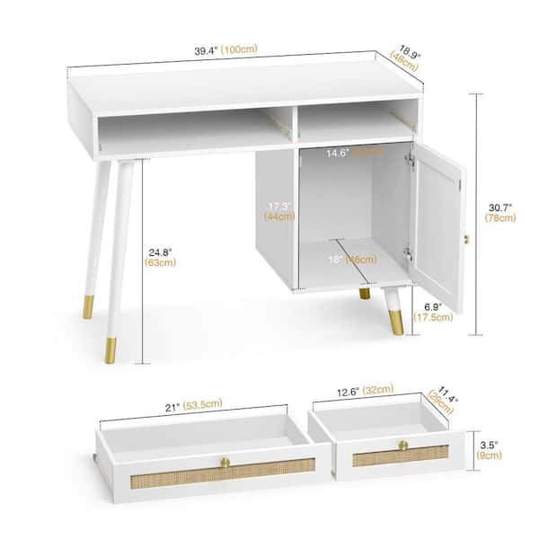 Aupodin Farmhouse Rattan 39.4 in. Retangular White/Gold Wood Computer Desk Writing Desk with 2-Drawer and Side Storage, White and Gold